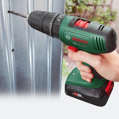 Bosch Cordless impact drill EasyImpact 18V-40 drilling an aluminium sheet